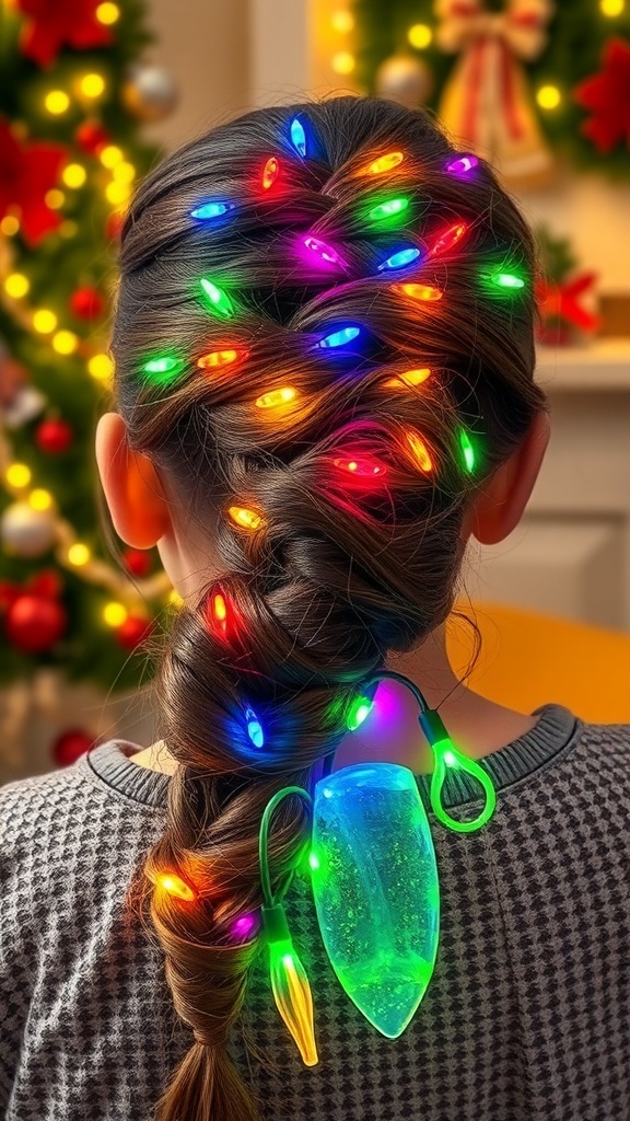 A creative Christmas hairstyle with lights, featuring braids and LED strands in a festive setting.